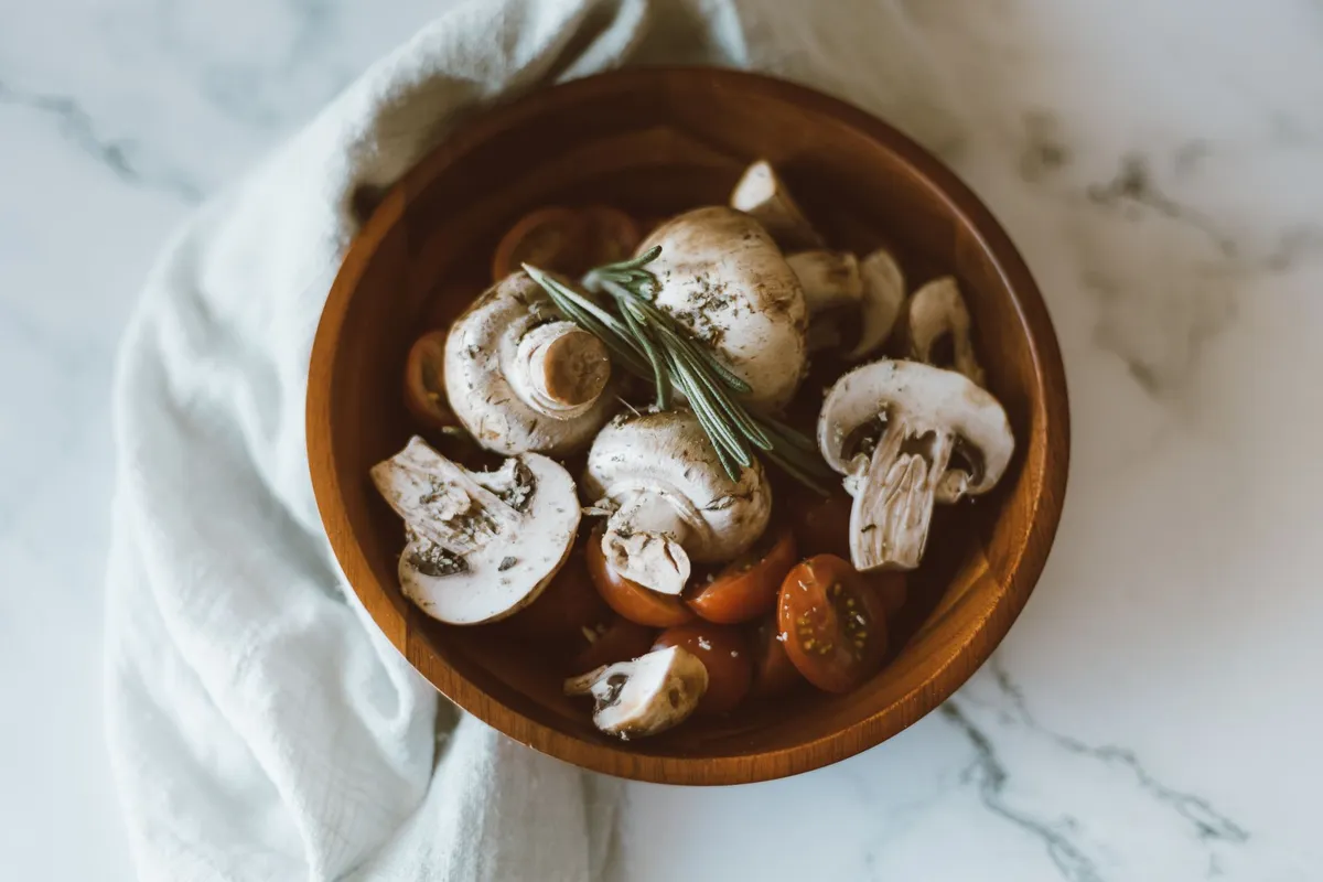 A wooden cutting board with shiitake mushrooms, sun-dried tomatoes, and Parmesan cheese, arranged to highlight umami-rich ingredients