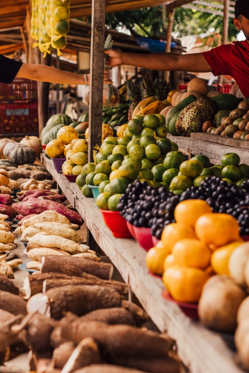 A crowded farmers market with diverse vendors and fresh produce