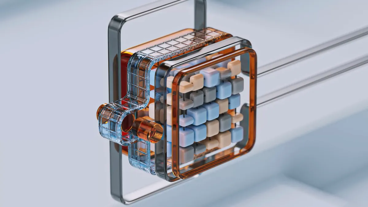 3D rendering of a neural implant interfacing with brain tissue, showing data streams