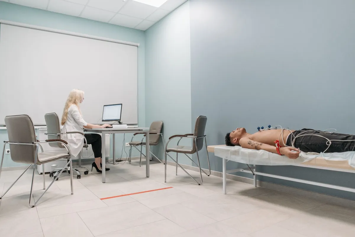 A futuristic hospital room with holographic displays showing patient vitals and IoB data streams