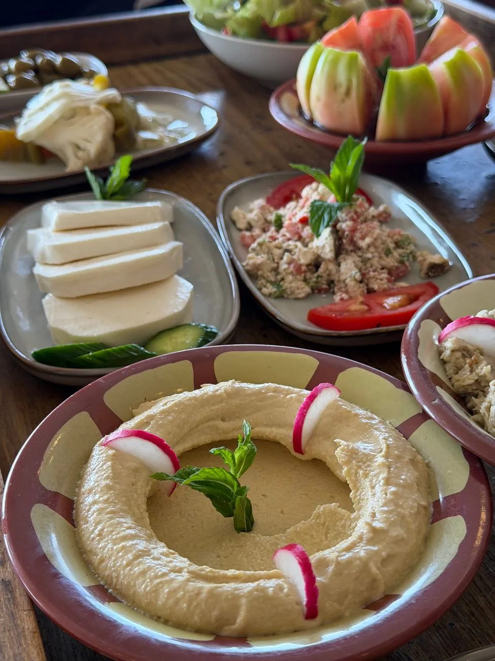 A spread of Jordanian mezze dishes with hummus, falafel, and tabbouleh