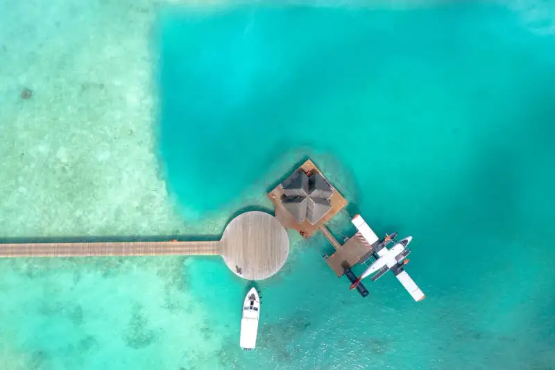 Seaplane approaching a Maldives resort