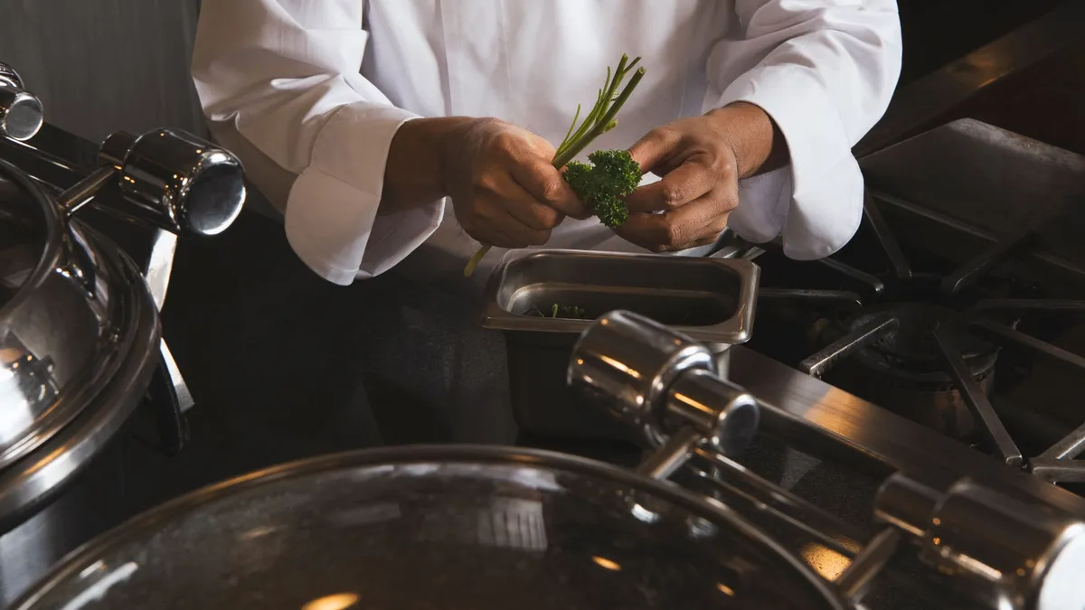 Fresh herb garnish, final plate presentation, mediterranean cooking elegance