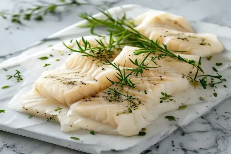 Fresh raw cod fillets on a marble counter