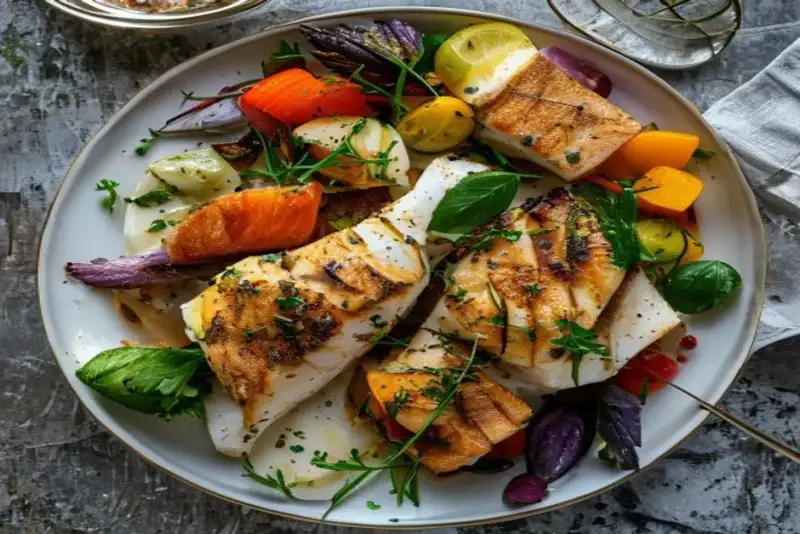 Finished baked cod on a white plate