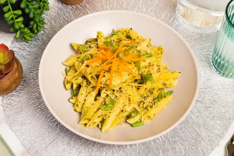 A beautiful bowl of pasta primavera