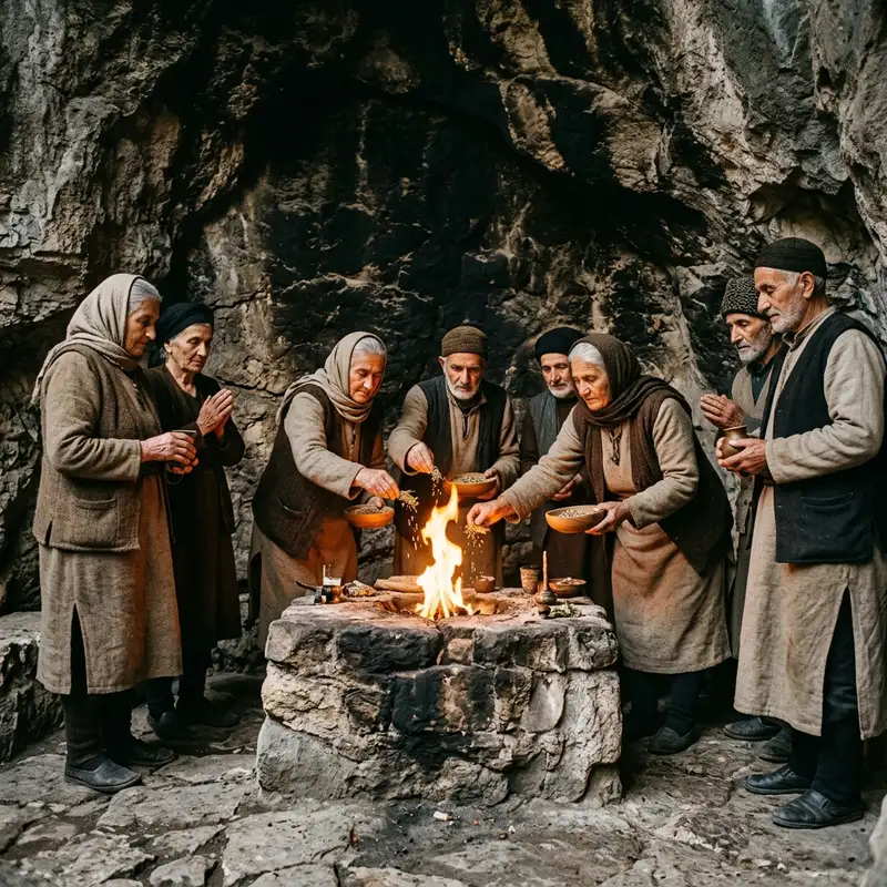 A small, isolated community of Atashgahlar, 'fire keepers', performing a ritual around a natural gas flame burning from a stone altar in a secluded, rugged grotto within the Whispering Peaks of Garasu, Azerbaijan. Elder figures, their faces weathered and serene, are dressed in simple, traditional earth-toned clothing, offering dried herbs and grains to the flickering, ancient flame. The grotto walls are blackened with centuries of soot. The atmosphere is solemn and ancient, lit by the warm glow of the fire, with hints of shadows dancing on the rock formations.