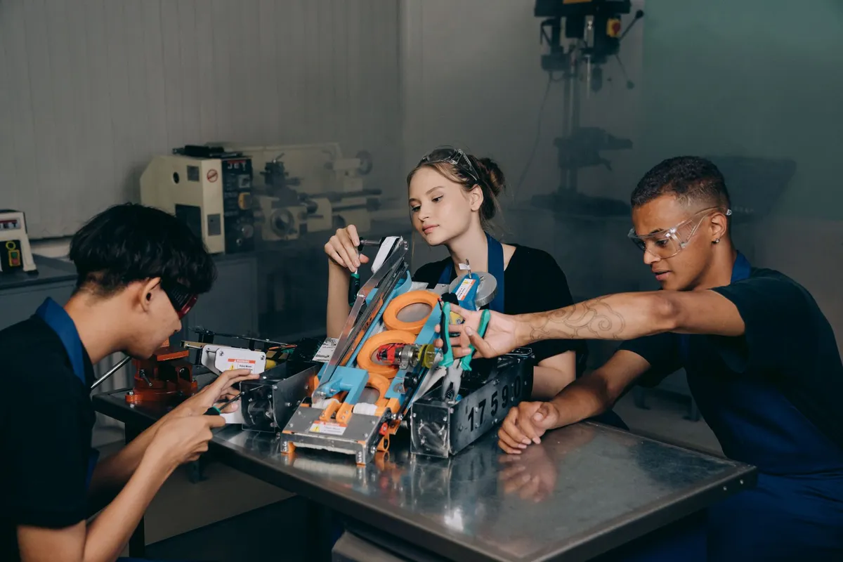 Futuristic robotics engineer working with a humanoid robot
