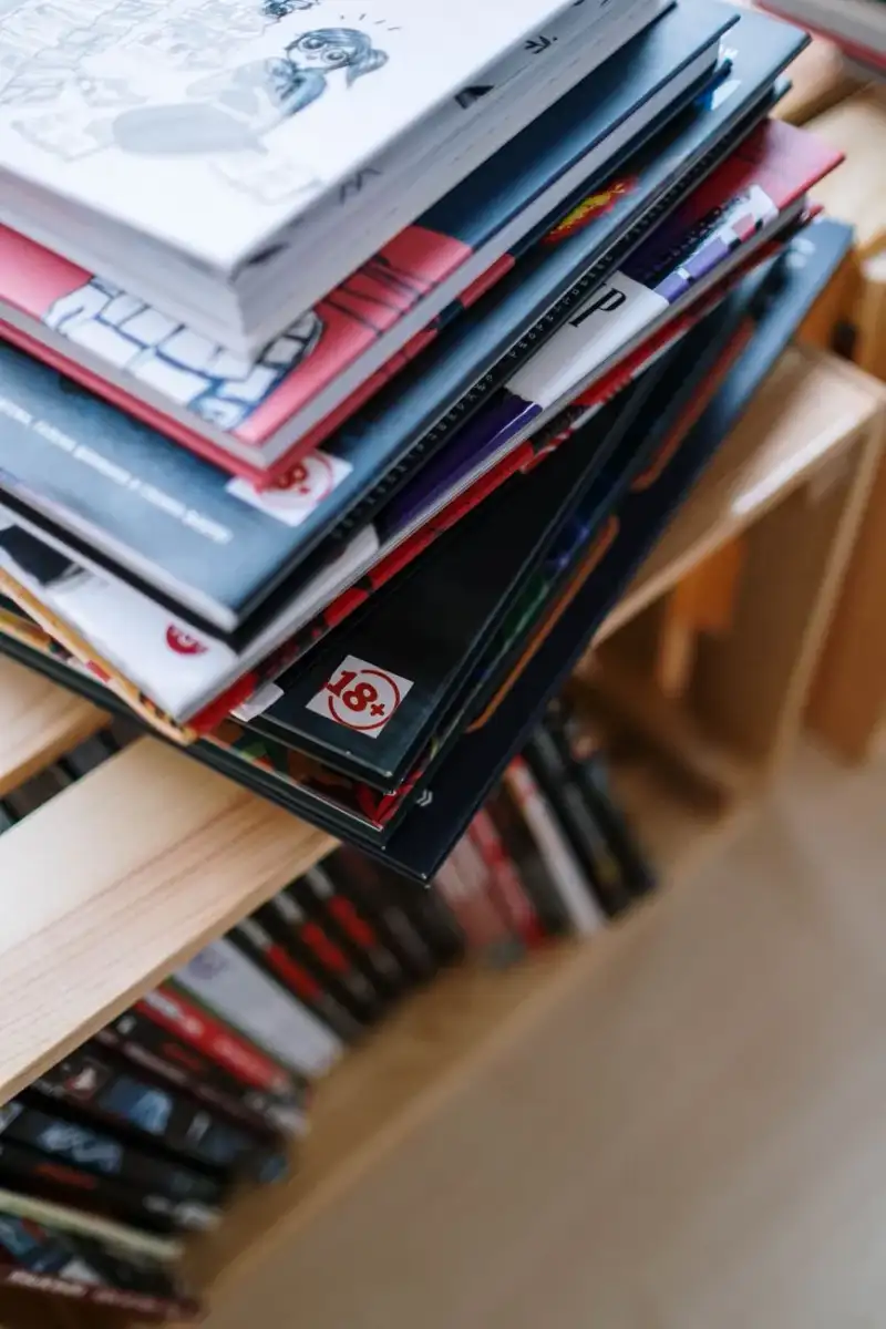 A diverse collection of modern graphic novels, with vibrant and unique cover art, arranged artfully on a contemporary bookshelf