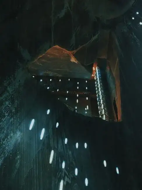 Interior of an ancient salt mine tunnel, showing wooden supports and primitive mining tools, with a soft, ethereal light illuminating the damp walls.