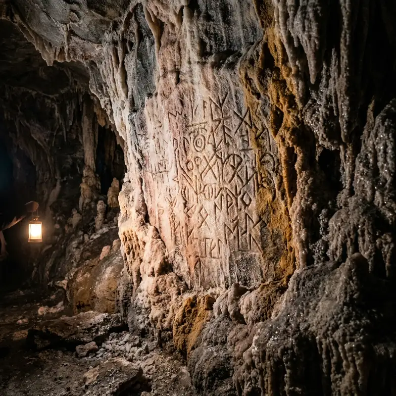 Ancient, hand-carved salt glyphs etched into the mineral-rich walls of a subterranean chamber, dimly lit by a soft, warm light source, revealing intricate patterns and varying shades of natural salt.