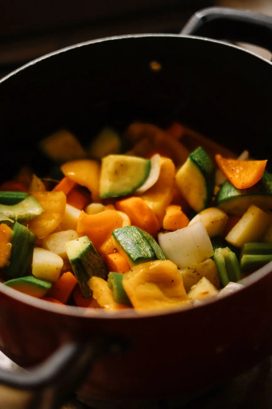 Vegetable stock simmering in a pot