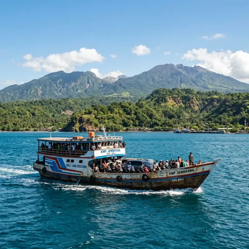 Traditional Indonesian ferry crossing Bali Strait