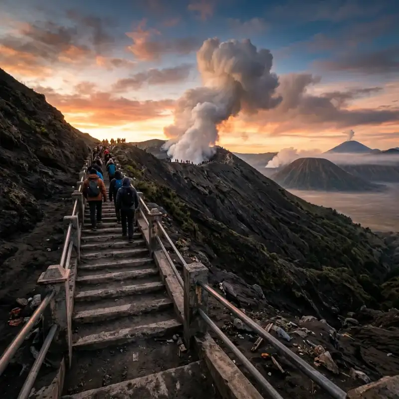 Mount Bromo sunrise crater rim steps