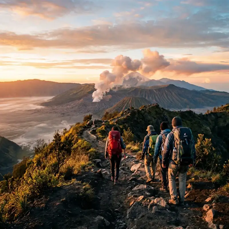 Hikers trekking volcanic path at sunrise in Indonesia