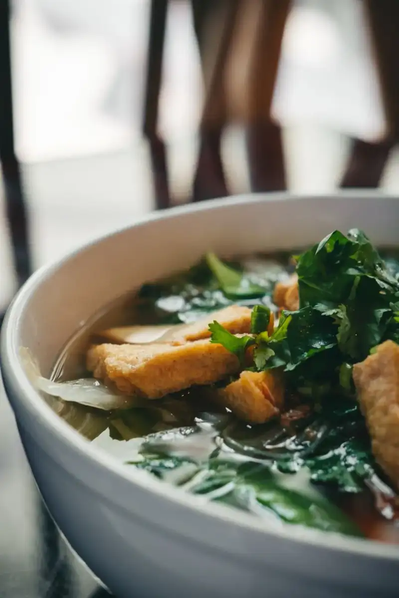 A bowl of pho with fresh herbs and lime