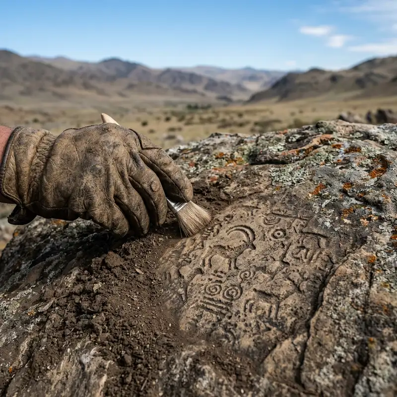 A close-up, rugged hand with a worn leather glove gently brushing away soil from a section of a stone slab, revealing faint, ancient petroglyphs of stylized animals and geometric patterns beneath. The background is a blurred, vast, desolate Altai landscape under a wide, clear sky.
