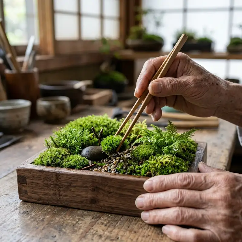A close-up, intricate view of a meticulously crafted 'Koke-Bako' – a miniature moss garden inside a shallow, hand-carved wooden box. A pair of delicate, aged hands, with fine wrinkles, are using fine bamboo tweezers to gently place a tiny, vibrant green moss clump next to a perfectly positioned smooth, dark pebble. The mosses within the box display a rich variety of textures and shades of green, from cushion moss to feathery types, creating a complex, living landscape. A single, gleaming dewdrop rests on one of the moss fronds, catching the soft, diffused light. The background is softly blurred, hinting at an ancient, rustic Japanese workspace.