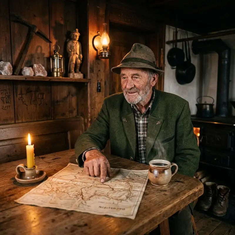 Elderly Austrian man gesturing at an old map in a rustic inn