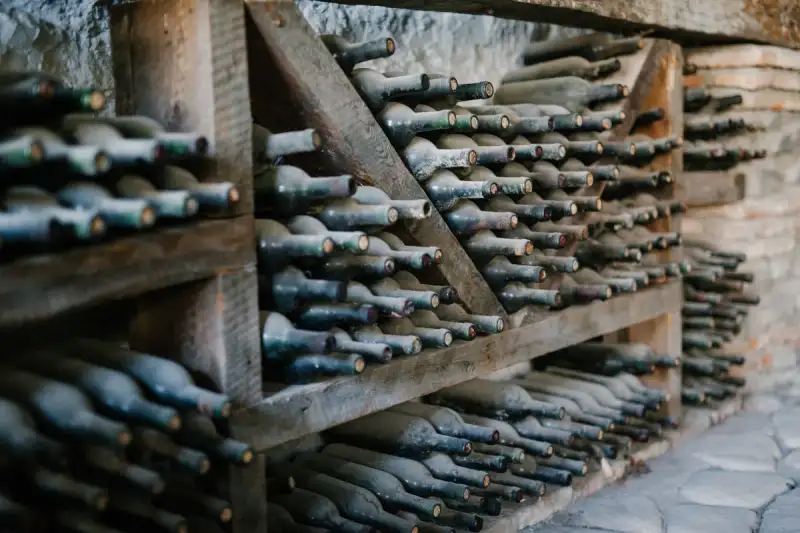 Wine bottles in a dark wine cellar