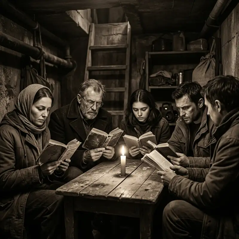 A group of people secretly reading smuggled books